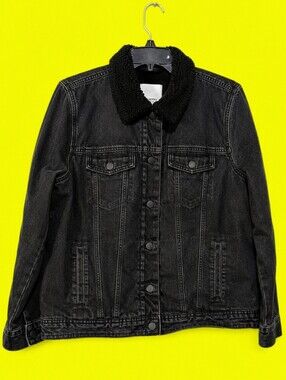Old Navy Black Sherpa Lined Denim Trucker Jacket Men's Large Button Front Coat